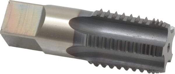 Hertel - 1 - 11-1/2 NPTF, 5 Flutes, TiCN Coated, High Speed Steel, Interrupted Thread Pipe Tap - 1-1/8 Inch Shank Diameter, 1-1/8 Inch Shank Diameter, 1-3/4 Inch Thread Length, 0.84 Inch Square Size, Regular Hook - Americas Industrial Supply