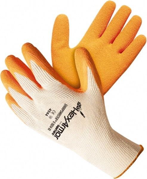 HexArmor - Size S (7), ANSI Cut Lvl A9, Puncture Lvl 5, Natural Rubber Latex Coated Cotton/SuperFabric Cut Resistant Gloves - 9.84" Long, Palm & Knuckles Coated, SuperFabric Lining, Knit Wrist, White/Orange, Paired - Americas Industrial Supply