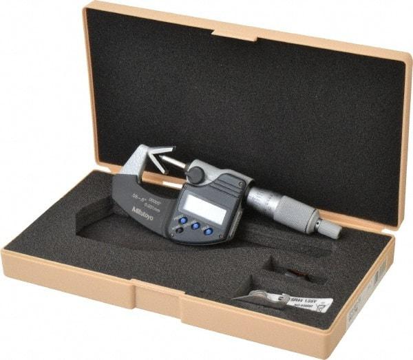Mitutoyo - 0.05 to 0.6 Inch Measurement, Accuracy Up to 4 micro m, 3 Flutes Measured, Ratchet Stop Thimble, Electronic V Anvil Micrometer - 0.0001 Inch Resolution, Carbide, Data Output, SR44 Battery - Americas Industrial Supply