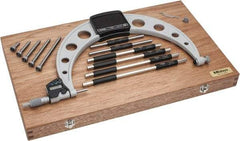 Mitutoyo - 6 Anvil, Electronic, 6 to 12 Inch Range, Carbide Face Interchangeable Anvil Micrometer - Ratchet Stop Thimble, 0.0001 Inch Resolution, 0.00016 + 0.00004 (L/3) Inch Accuracy, SR44 Battey, Includes 6 Anvils, 6 Standards and Fitted Wooden Case - Americas Industrial Supply