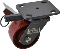 Hamilton - 4" Diam x 2" Wide x 5-5/8" OAH Top Plate Mount Swivel Caster with Brake - Cast Iron, 1,000 Lb Capacity, Roller Bearing, 4 x 5" Plate - Americas Industrial Supply