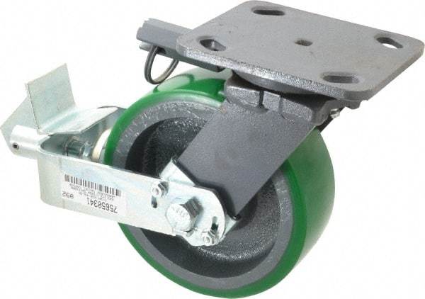 Hamilton - 6" Diam x 2" Wide x 7-1/2" OAH Top Plate Mount Swivel Caster with Brake - Polyurethane, 1,200 Lb Capacity, Precision Sealed Bearing, 4 x 5" Plate - Americas Industrial Supply