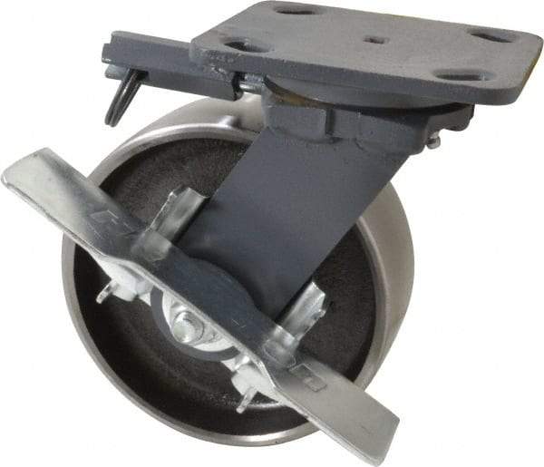 Hamilton - 6" Diam x 2" Wide x 7-1/2" OAH Top Plate Mount Swivel Caster with Brake - Forged Steel, 2,000 Lb Capacity, Roller Bearing, 4 x 5" Plate - Americas Industrial Supply