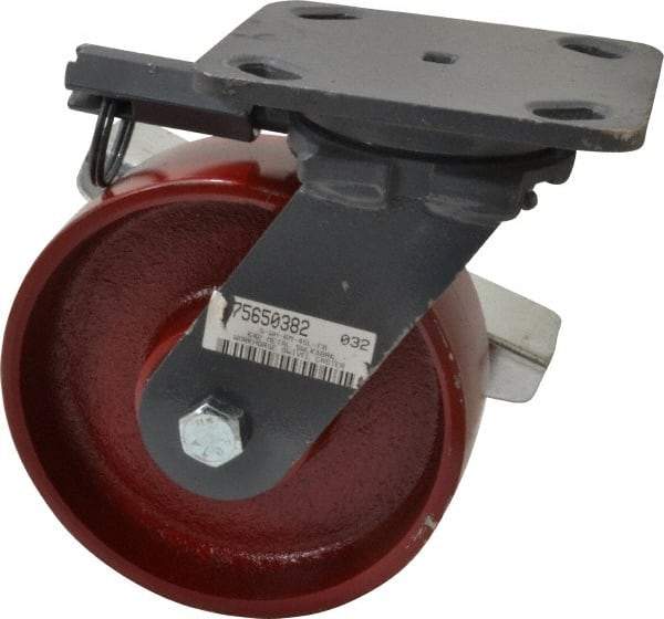 Hamilton - 6" Diam x 2" Wide x 7-1/2" OAH Top Plate Mount Swivel Caster with Brake - Cast Iron, 1,400 Lb Capacity, Roller Bearing, 4 x 5" Plate - Americas Industrial Supply