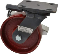 Hamilton - 6" Diam x 2" Wide x 7-1/2" OAH Top Plate Mount Swivel Caster with Brake - Cast Iron, 1,400 Lb Capacity, Roller Bearing, 4 x 5" Plate - Americas Industrial Supply