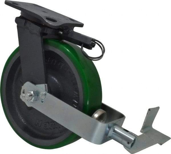 Hamilton - 8" Diam x 2" Wide x 9-1/2" OAH Top Plate Mount Swivel Caster with Brake - Polyurethane, 1,500 Lb Capacity, Precision Sealed Bearing, 4 x 5" Plate - Americas Industrial Supply