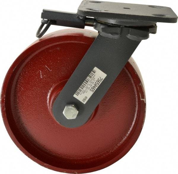 Hamilton - 8" Diam x 2" Wide x 9-1/2" OAH Top Plate Mount Swivel Caster with Brake - Cast Iron, 1,500 Lb Capacity, Roller Bearing, 4 x 5" Plate - Americas Industrial Supply