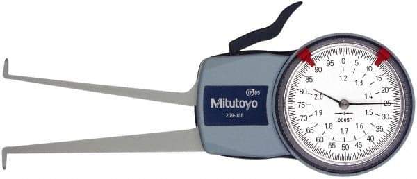 Mitutoyo - 1.2 to 2" Inside Dial Caliper Gage - 0.0005" Graduation, 0.0015" Accuracy, 3.3" Leg Length, 0.26" Deep x 0.06" Wide Groove, Ball Contact Points - Americas Industrial Supply
