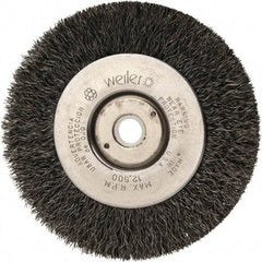 Weiler - 4" OD, 1/2" Arbor Hole, Crimped Steel Wheel Brush - 1/2" Face Width, 7/8" Trim Length, 0.008" Filament Diam, 12,500 RPM - Americas Industrial Supply