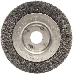 Weiler - 3" OD, 1/2" Arbor Hole, Crimped Steel Wheel Brush - 7/16" Face Width, 1/2" Trim Length, 0.014" Filament Diam, 12,500 RPM - Americas Industrial Supply