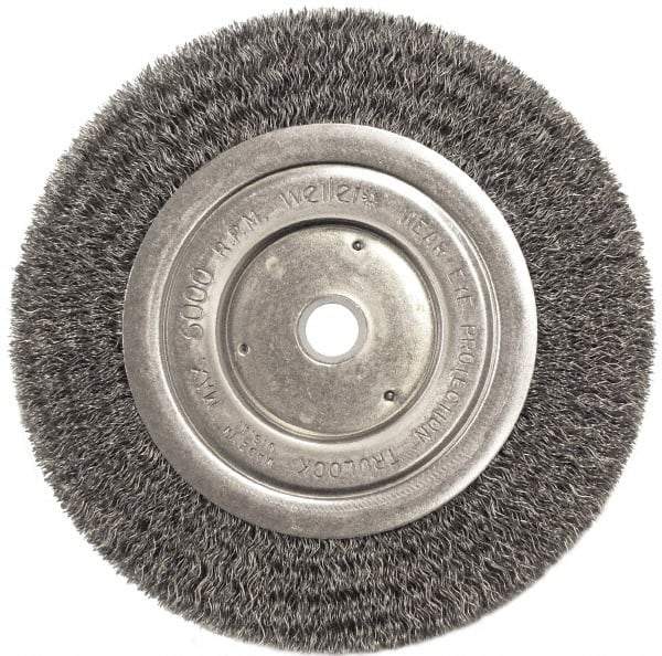 Weiler - 6" OD, 5/8" Arbor Hole, Crimped Steel Wheel Brush - 1/2" Face Width, 1-1/16" Trim Length, 0.0118" Filament Diam, 6,000 RPM - Americas Industrial Supply