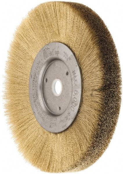 Weiler - 6" OD, 5/8" Arbor Hole, Crimped Brass Wheel Brush - 1/2" Face Width, 1-1/16" Trim Length, 0.005" Filament Diam, 6,000 RPM - Americas Industrial Supply