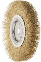 Weiler - 6" OD, 5/8" Arbor Hole, Crimped Brass Wheel Brush - 1/2" Face Width, 1-1/16" Trim Length, 0.0118" Filament Diam, 6,000 RPM - Americas Industrial Supply