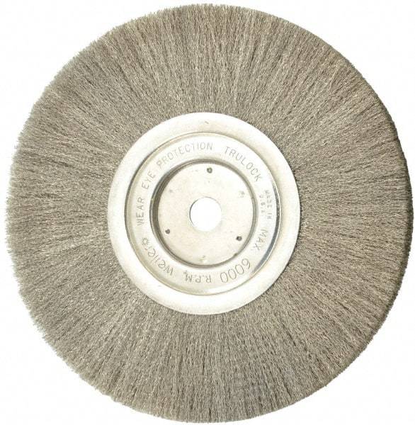 Weiler - 8" OD, 5/8" Arbor Hole, Crimped Stainless Steel Wheel Brush - 1/2" Face Width, 2-1/16" Trim Length, 0.006" Filament Diam, 6,000 RPM - Americas Industrial Supply