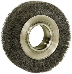 Weiler - 6" OD, 2" Arbor Hole, Crimped Steel Wheel Brush - 1-1/4" Face Width, 1-1/8" Trim Length, 0.006" Filament Diam, 6,000 RPM - Americas Industrial Supply