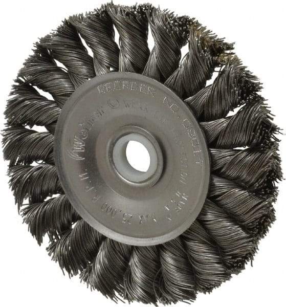 Weiler - 3" OD, 1/2" Arbor Hole, Knotted Steel Wheel Brush - 3/8" Face Width, 5/8" Trim Length, 0.014" Filament Diam, 25,000 RPM - Americas Industrial Supply