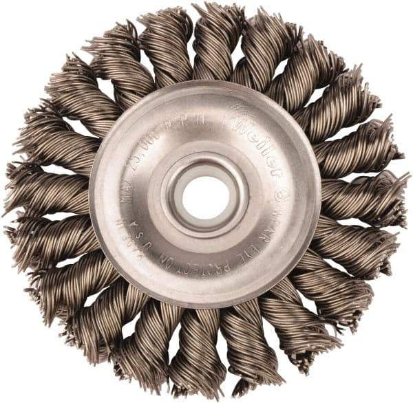 Weiler - 3" OD, 1/2" Arbor Hole, Knotted Steel Wheel Brush - 3/8" Face Width, 5/8" Trim Length, 0.02" Filament Diam, 25,000 RPM - Americas Industrial Supply