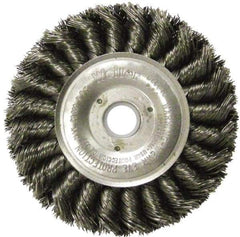 Weiler - 4" OD, 5/8" Arbor Hole, Knotted Steel Wheel Brush - 1/2" Face Width, 7/8" Trim Length, 0.014" Filament Diam, 20,000 RPM - Americas Industrial Supply