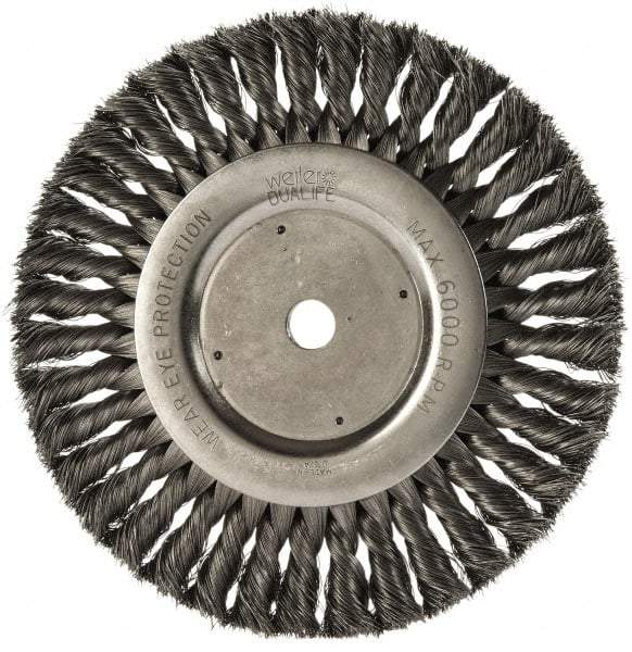 Weiler - 8" OD, 5/8" Arbor Hole, Knotted Steel Wheel Brush - 5/8" Face Width, 1-5/8" Trim Length, 0.0118" Filament Diam, 6,000 RPM - Americas Industrial Supply