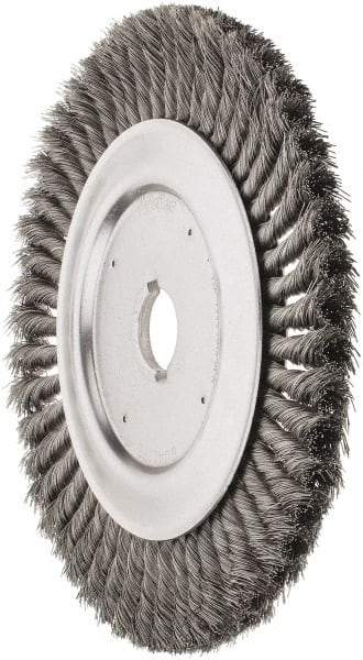 Weiler - 10" OD, 1-1/4" Arbor Hole, Knotted Steel Wheel Brush - 3/4" Face Width, 1-3/4" Trim Length, 0.016" Filament Diam, 4,500 RPM - Americas Industrial Supply