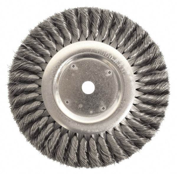 Weiler - 10" OD, 2" Arbor Hole, Knotted Steel Wheel Brush - 1-1/4" Face Width, 1-3/4" Trim Length, 0.016" Filament Diam, 4,500 RPM - Americas Industrial Supply