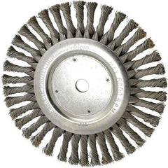 Weiler - 8" OD, 5/8" Arbor Hole, Knotted Steel Wheel Brush - 1/2" Face Width, 1-5/8" Trim Length, 0.023" Filament Diam, 6,000 RPM - Americas Industrial Supply