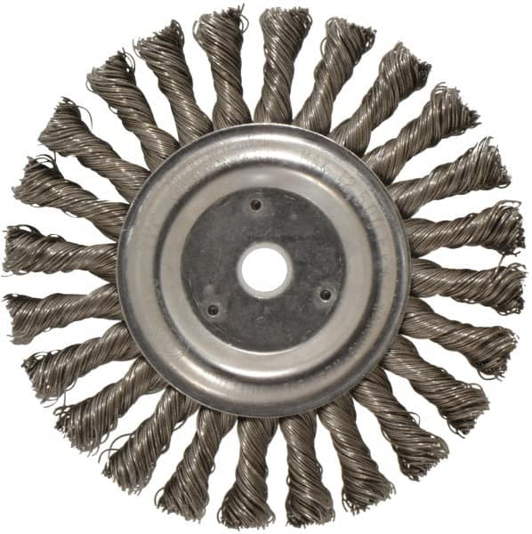 Weiler - 6" OD, 5/8" Arbor Hole, Knotted Steel Wheel Brush - 1/2" Face Width, 1-3/8" Trim Length, 0.023" Filament Diam, 12,500 RPM - Americas Industrial Supply