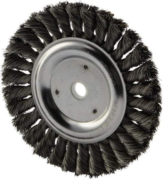 Weiler - 6" OD, 5/8" Arbor Hole, Knotted Steel Wheel Brush - 5/8" Face Width, 1-1/4" Trim Length, 0.016" Filament Diam, 9,000 RPM - Americas Industrial Supply