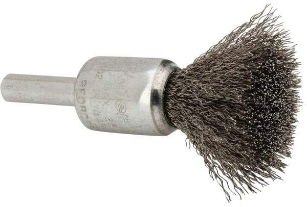 Weiler - 1/2" Brush Diam, Crimped, End Brush - 1/4" Diam Steel Shank, 25,000 Max RPM - Americas Industrial Supply