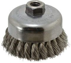 Weiler - 4" Diam, 5/8-11 Threaded Arbor, Stainless Steel Fill Cup Brush - 0.014 Wire Diam, 1-1/4" Trim Length, 9,000 Max RPM - Americas Industrial Supply