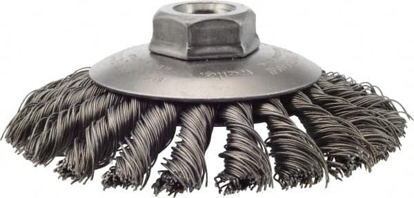 Weiler - 4-1/2" OD, 5/8-11 Arbor Hole, Knotted Steel Wheel Brush - 3/8" Face Width, 1" Trim Length, 0.02" Filament Diam, 12,500 RPM - Americas Industrial Supply