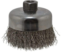 Weiler - 4" Diam, 5/8-11 Threaded Arbor, Stainless Steel Fill Cup Brush - 0.02 Wire Diam, 1-3/8" Trim Length, 9,000 Max RPM - Americas Industrial Supply