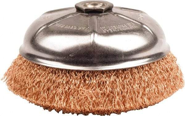 Weiler - 6" Diam, 5/8-11 Threaded Arbor, Bronze Fill Cup Brush - 0.02 Wire Diam, 1-1/4" Trim Length, 6,600 Max RPM - Americas Industrial Supply