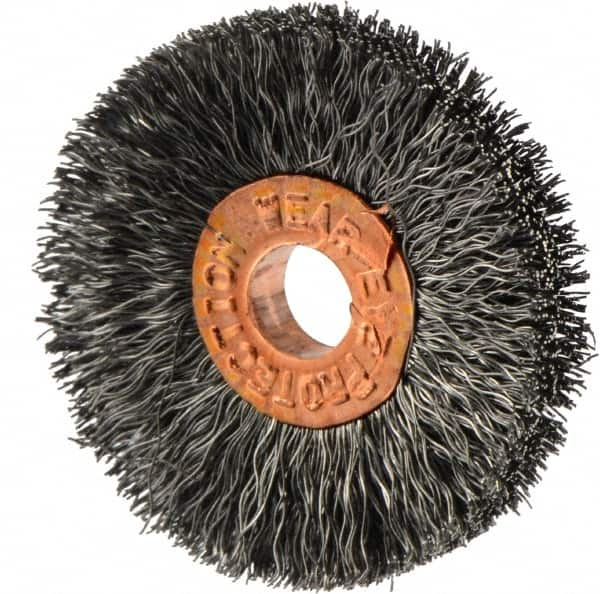 Weiler - 1-1/4" OD, 1/4" Arbor Hole, Crimped Steel Wheel Brush - 1/4" Face Width, 3/8" Trim Length, 0.006" Filament Diam, 20,000 RPM - Americas Industrial Supply