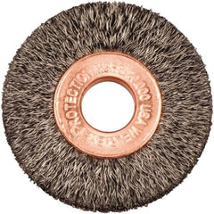 Weiler - 1-1/2" OD, 3/8" Arbor Hole, Crimped Steel Wheel Brush - 1/4" Face Width, 7/16" Trim Length, 0.006" Filament Diam, 20,000 RPM - Americas Industrial Supply