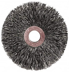 Weiler - 2" OD, 1/2" Arbor Hole, Crimped Steel Wheel Brush - 3/8" Face Width, 1/2" Trim Length, 0.0104" Filament Diam, 20,000 RPM - Americas Industrial Supply