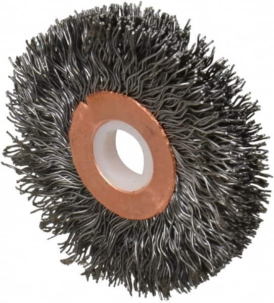 Weiler - 2" OD, 1/2" Arbor Hole, Crimped Steel Wheel Brush - 3/8" Face Width, 1/2" Trim Length, 0.014" Filament Diam, 20,000 RPM - Americas Industrial Supply