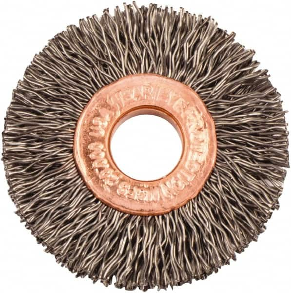 Weiler - 1-1/2" OD, 3/8" Arbor Hole, Crimped Steel Wheel Brush - 1/4" Face Width, 7/16" Trim Length, 0.014" Filament Diam, 20,000 RPM - Americas Industrial Supply