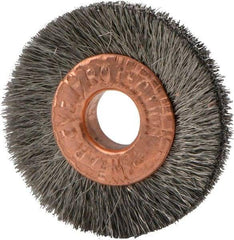 Weiler - 1" OD, 1/4" Arbor Hole, Crimped Stainless Steel Wheel Brush - 3/16" Face Width, 1/4" Trim Length, 0.003" Filament Diam, 20,000 RPM - Americas Industrial Supply