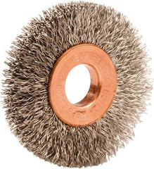 Weiler - 1-1/2" OD, 3/8" Arbor Hole, Crimped Stainless Steel Wheel Brush - 1/4" Face Width, 7/16" Trim Length, 0.008" Filament Diam, 20,000 RPM - Americas Industrial Supply