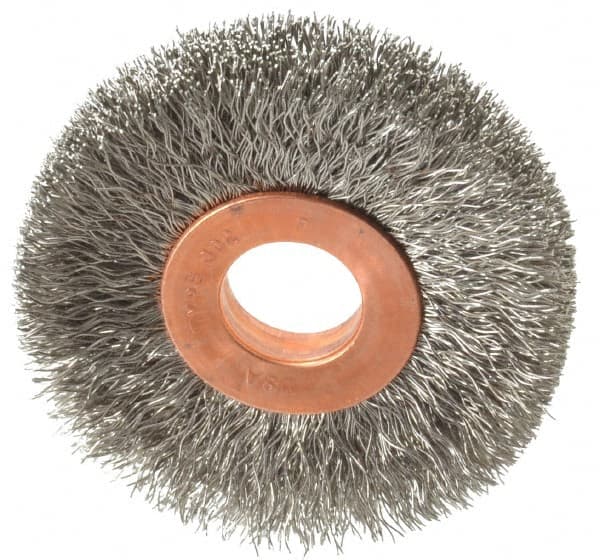 Weiler - 2" OD, 1/2" Arbor Hole, Crimped Stainless Steel Wheel Brush - 3/8" Face Width, 1/2" Trim Length, 0.008" Filament Diam, 20,000 RPM - Americas Industrial Supply