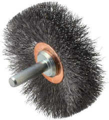 Weiler - 2-1/2" OD, 1/4" Shank Diam, Crimped Steel Wheel Brush - 3/8" Face Width, 3/4" Trim Length, 0.006" Filament Diam, 20,000 RPM - Americas Industrial Supply