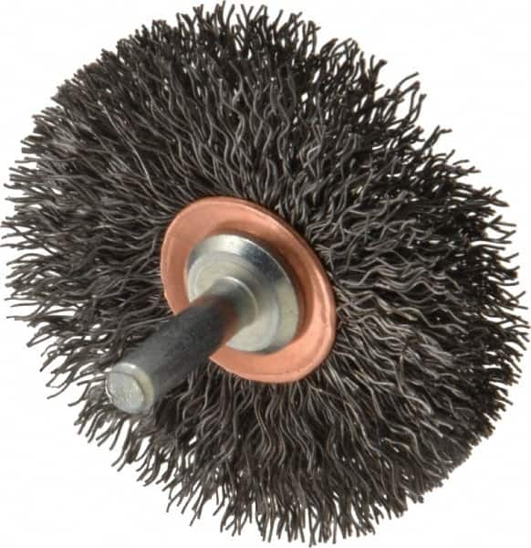 Weiler - 2-1/2" OD, 1/4" Shank Diam, Crimped Steel Wheel Brush - 3/8" Face Width, 3/4" Trim Length, 0.014" Filament Diam, 20,000 RPM - Americas Industrial Supply