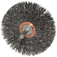 Weiler - 3" OD, 1/4" Shank Diam, Crimped Steel Wheel Brush - 1/2" Face Width, 1" Trim Length, 0.014" Filament Diam, 20,000 RPM - Americas Industrial Supply