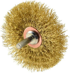 Weiler - 3" OD, 1/4" Shank Diam, Crimped Brass Wheel Brush - 1/2" Face Width, 1" Trim Length, 0.0118" Filament Diam, 20,000 RPM - Americas Industrial Supply