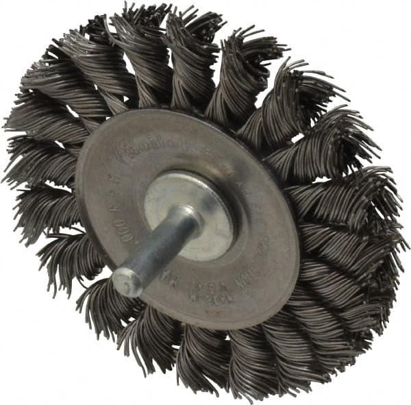 Weiler - 3-1/4" OD, 1/4" Shank Diam, Knotted Steel Wheel Brush - 3/8" Face Width, 5/8" Trim Length, 0.02" Filament Diam, 25,000 RPM - Americas Industrial Supply