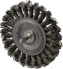 Weiler - 4" OD, 1/4" Shank Diam, Knotted Steel Wheel Brush - 1/2" Face Width, 7/8" Trim Length, 0.02" Filament Diam, 20,000 RPM - Americas Industrial Supply