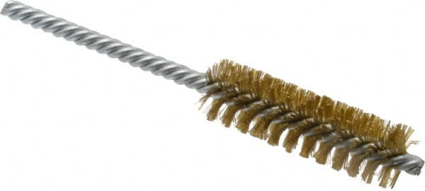 Weiler - 3/4" Diam Helical Brass Tube Brush - Double Spiral, 0.006" Filament Diam, 2-1/2" Brush Length, 5-1/2" OAL, 1/4" Diam Shank - Americas Industrial Supply