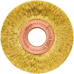 Weiler - 2" OD, 1/2" Arbor Hole, Crimped Brass Wheel Brush - 3/8" Face Width, 1/2" Trim Length, 0.005" Filament Diam, 20,000 RPM - Americas Industrial Supply