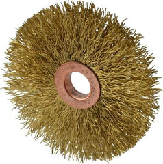 Weiler - 3" OD, 1/2" Arbor Hole, Crimped Brass Wheel Brush - 5/8" Face Width, 1" Trim Length, 0.014" Filament Diam, 20,000 RPM - Americas Industrial Supply